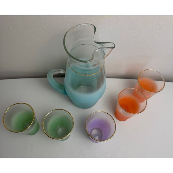 VTG Blendo Mid-Century Frosted Gold Trim 5 Glass and Pitcher Set West Virginia - Picture 3 of 16
